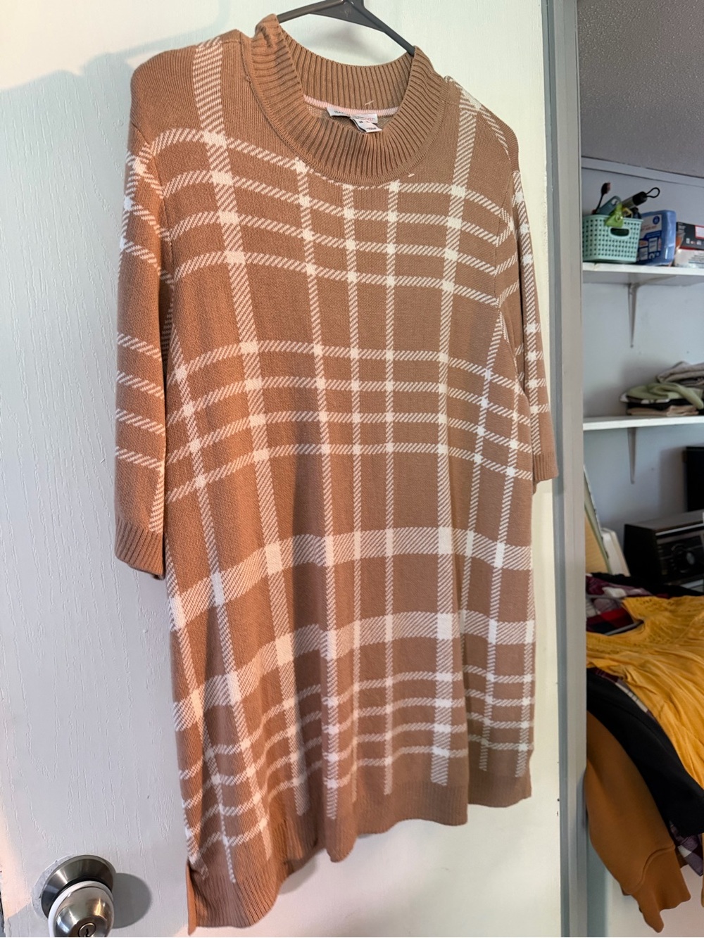Isaac Mizrahi Camel & Cream Plaid Crewneck Sweater Tunic
